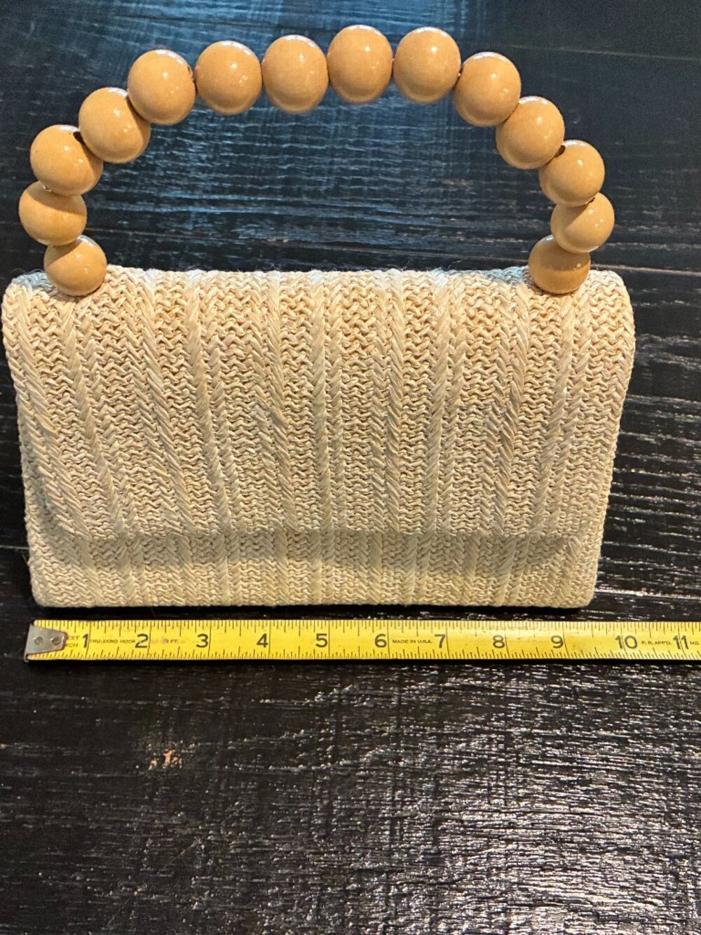 Ivory Woven Clutch with Wood Bead Handle & Chain
